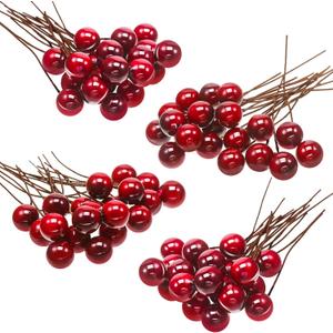 BBTO 100 Pack Artificial Holly Berries Mini 10 mm Christmas Fake Berries Stems Crafts Faux on Wire for Christmas Tree Decoration Flower Branches Ornament Wreath DIY Winter Home(Wine Red)