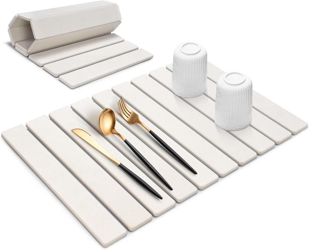 Large Stone Dish Drying Mat for Kitchen Counter, 24"(L)16"(W), Collapsible Quick Drying Dish Mats, Ultra Absorbent Diatomaceous Earth Mats for Dishes Bottles Cups, Match Any Countertop, White