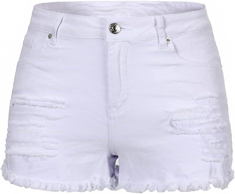 THUNDER STAR Women Mid Rise Ripped Stretchy Jeans Shorts Frayed Raw Hem Casual Denim Shorts White1# XS