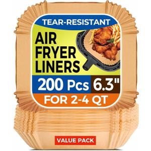 Air Fryer Paper Liners, 200pcs Air Fryer Liners Disposable, 6.3" Square Baking Liner for 2-4 qt Airfryer Basket, Non-stick and Oil Proof Parchment Paper for Oven, Pans & Baking