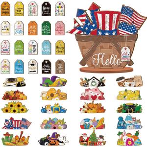 42 Pcs Small Interchangeable Flower Basket Memorial Day Decor Holiday Seasonal Sign Wood Rustic Farmhouse DIY Hanging Drop July 4th Home Office Desk Accessories Tiered Tray Decoration Gift