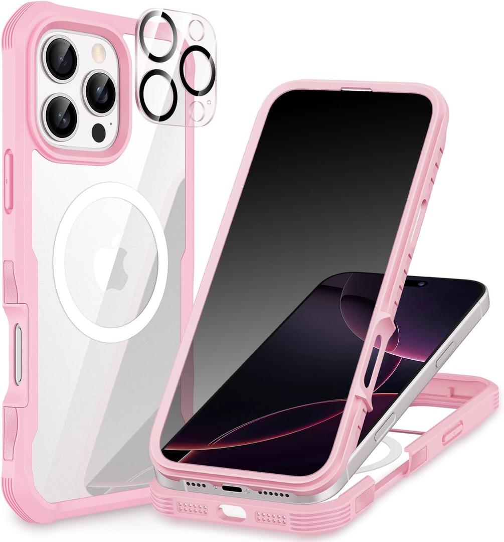 CENHUFO Magnetic for iPhone 16 Pro Case, Privacy Phone Cover [Compatible with Magsafe] Built-in Anti Peep Tempered Glass Privacy Screen Protector and Camera Protective Full Body Shockproof - Pink