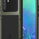 LOVE MEI Military Rugged Case for Samsung Galaxy S21 Fe, with Tempered Glass Screen Protector, Shockproof Dustproof Scratch Proof Hybrid Metal and Silicone Gel Heavy Duty Full Body Cover Green