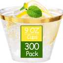 Ciaell 300PCS Gold Plastic Cups - 9Oz Heavy Duty Plastic Cups - Gold Rimmed Disposable Cup - Disposable Clear Wine Cup with Gold Rim for Party & Wedding