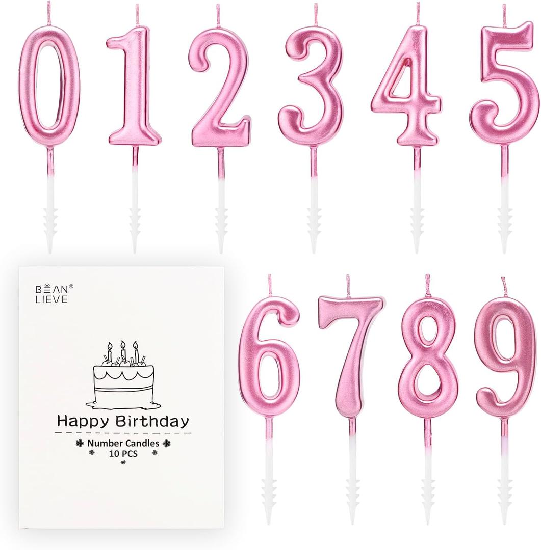Beanlieve Rose Gold Birthday Candles - Cake Numeral Candles Number 0-9 Glitter Cake Topper Decoration for Birthday,Wedding Anniversary,Party Celebration(10 Pieces)