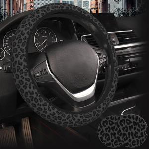 Black Leopard Print Cheetah Elastic Steering Wheel Cover, Non-Slip Neoprene Steering Wheel Cover, Women Leopard Car Accessories, Universal 15 Inch Fit Auto, SUVS, Includes 2 Ceramic Cup Coasters