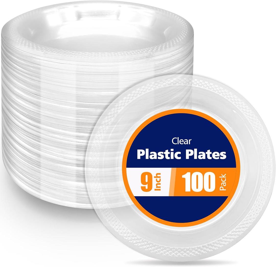 100 Count Clear Plastic Plates 9 Inch,Washable & ReusableDessert Plates Disposable,Cake Plates Disposable,Clear Plates For Party,Weddings and Events