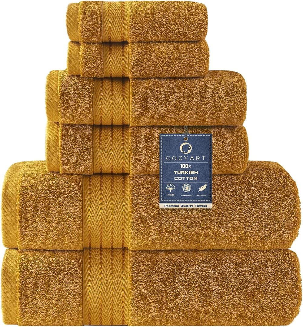 COZYART Gold Bath Towel Set 6pcs, Turkish Cotton Bathroom Towel Sets Soft Absorbent and Durable 650 GSM Luxury 6 Pcs with 2 Bath Towels, 2 Hand Towels, 2 Washcloth