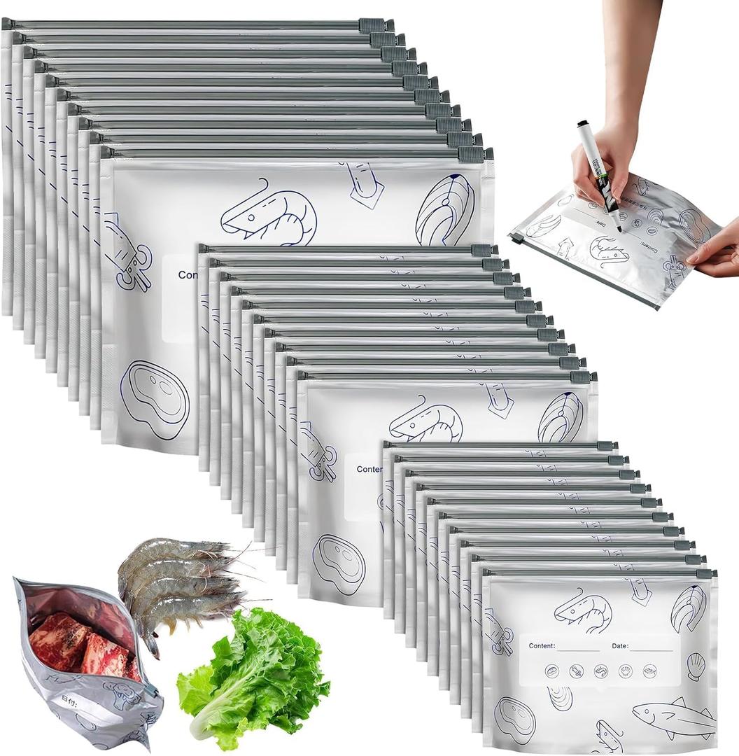 30PCS Reusable Aluminum Foil Sealable Storage Bags, Resealable Vacuum Zipper Pouches for Food, Stand Up Foil Sealable Bags with Label and Zip Lock for Vegetable Fruit Meat (3 Size)