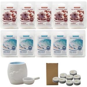10-Pack Aromatherapy Wax Melts, Two Scent Combo | Wax Warmer & 8 Tealights Included | 90g (3.17 oz) per Pack | Eco-Friendly Soy Wax, 8 Scents (Cotton & Ocean Breeze) (Cotton & Ocean Breeze)