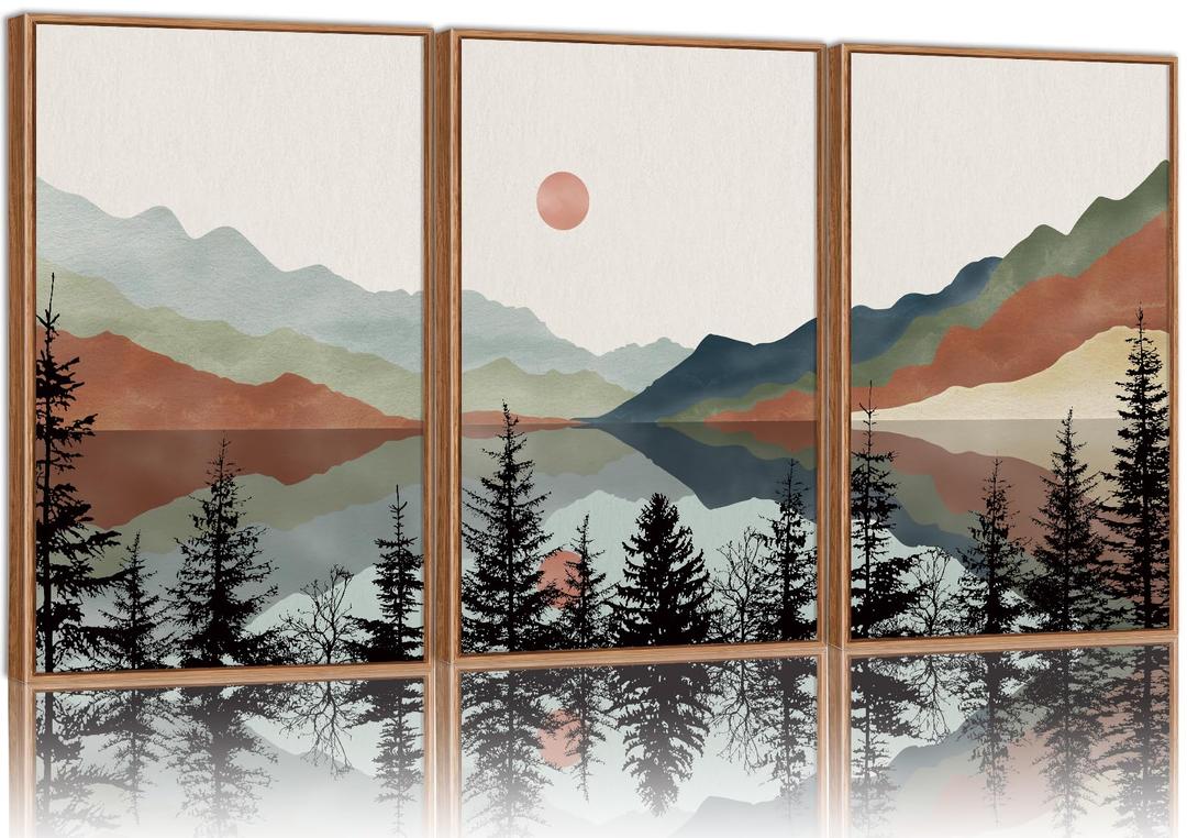 Tinonedraw Boho Mountain Framed Canvas Wall Art Set, Watercolor Nature Landscape Wall Decor, Black Pine Forest Artwork, Modern Sunrise Art Prints for Living Room, Bedroom, Office 16"x24"x3