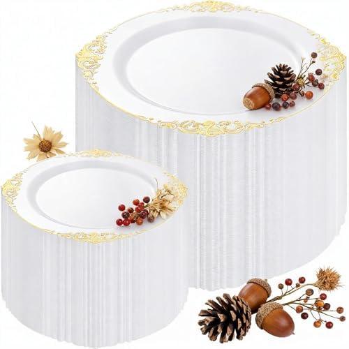 Joyido 200PCS White and Gold Plates - Gold Plastic Plates - Fancy Disposable Plate - Gorgeous Christmas Dinner & Dessert Plate for 100 Guests for Wedding & Thanksgiving Party
