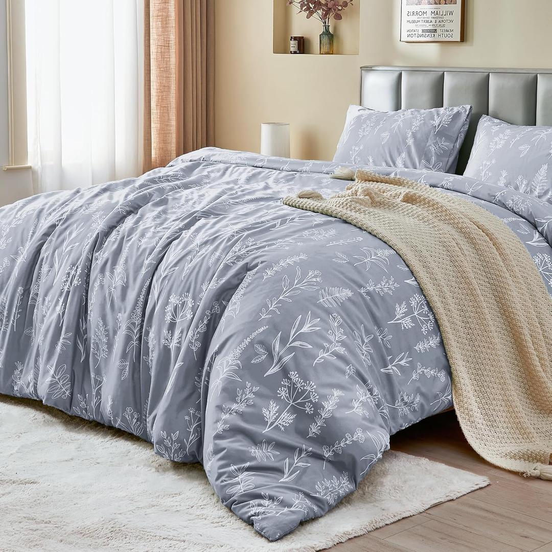 MUXHOMO Duvet Cover Queen Size, Reversible Floral Grey Duvet Cover Set with Zipper Closure, 3 Pieces Botanical Patterns Soft Microfiber Bedding Set with 4 Ties (90"x90", 2 Pillow Cases)