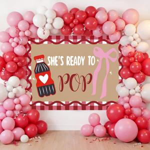 Frienda She's Ready to Pop Backdrop with 75 Pcs Balloons 7 x 5 ft Baby Shower Photo Booth Banner Gender Reveal Celebrations for Soda Drink Themed Birthday Party Decorations