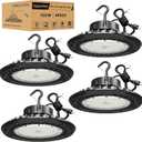 150W UFO LED High Bay Light 4 Pack, 22,500LM 5000K High Bay Lights, 5' Cable with US Plug, Hanging Hook, Safe Rope, ETL Listed for Shop Warehouse Barn, Black/5700K