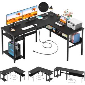 Unikito Reversible L Shaped Desk with Magic Power Outlets and USB Charging Ports, Sturdy Corner Computer Desk with Storage Shelves, Gaming Table Home Office Desk, Easy to Assemble, Black