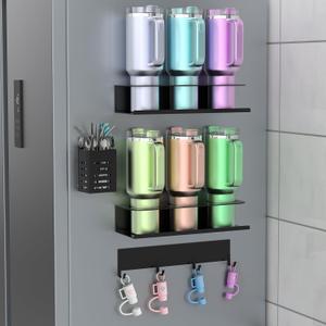 POLRAI 4 Pack Magnetic Cup Holder for Refrigerator, Water Bottle Organizer for Stanley and Tumbler, Accessory with Lid Hook Straw Holder and Double Sided Tape for Kitchen Fridge Cabinet