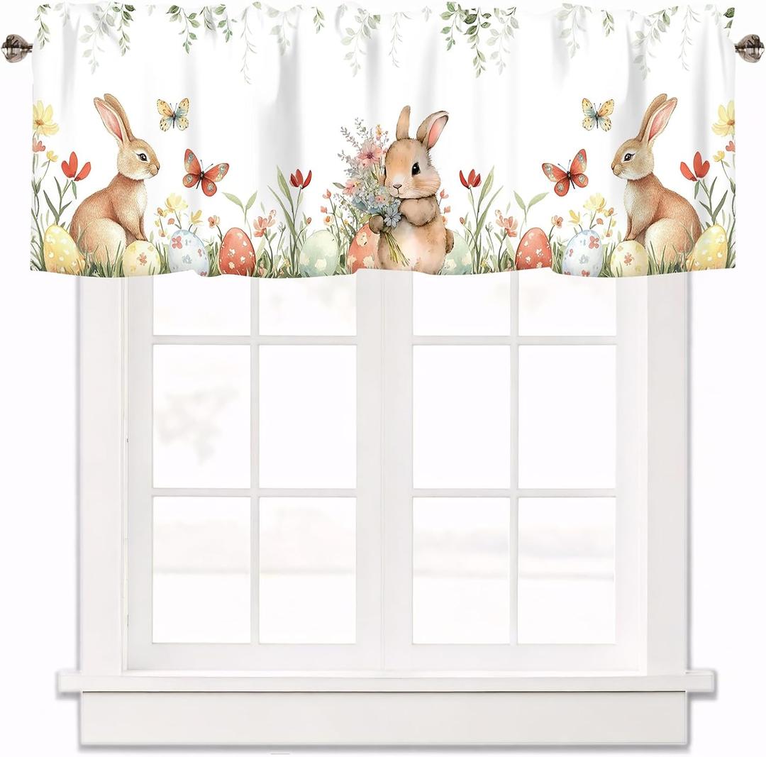 Easter Valances for Kitchen Windows, Easter Egg Bunny Valance Window Treatments Farmhouse Rod Pocket Small Short Curtains for Living Room Bedroom Decor 42x12 Inch (Sy-fhj0032)