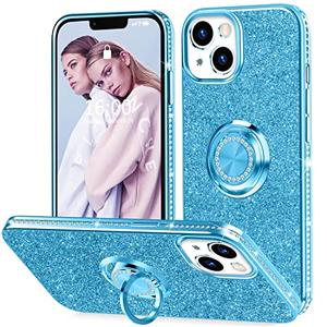 Thomo Compatible with iPhone 13 Case Glitter 6.1 inch,[Bling Kickstand][Back with Camera Protection] Crystal Rhinestone Phone Case Ring Holder Full-Body Protection Cute iPhone 13 Case for Women-Blue