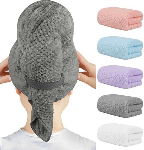HOMEXCEL 5 Pack Microfiber Hair Towels - 40 x 20 inches Super Soft, Fast Drying Turbans for Long, Thick, Curly Hair - Anti Frizz Wrap with Elastic Strap