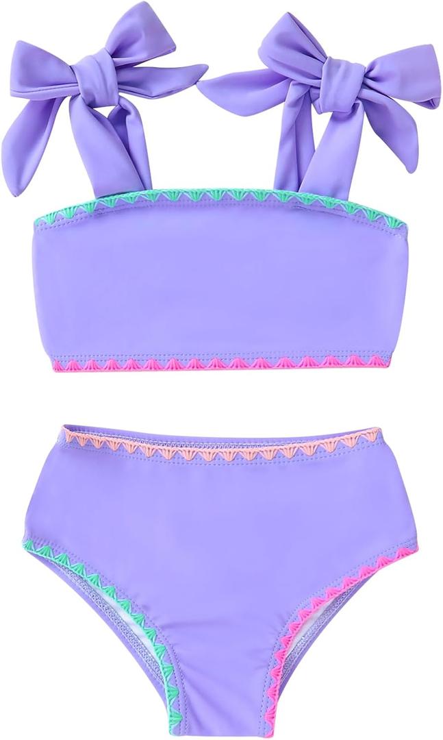 YOUNGER TREE Toddler Baby Girls Swimsuit Two Piece Solid Color Stripe Swimwear Summer Beach Bikini Bathing Suit (Purple)