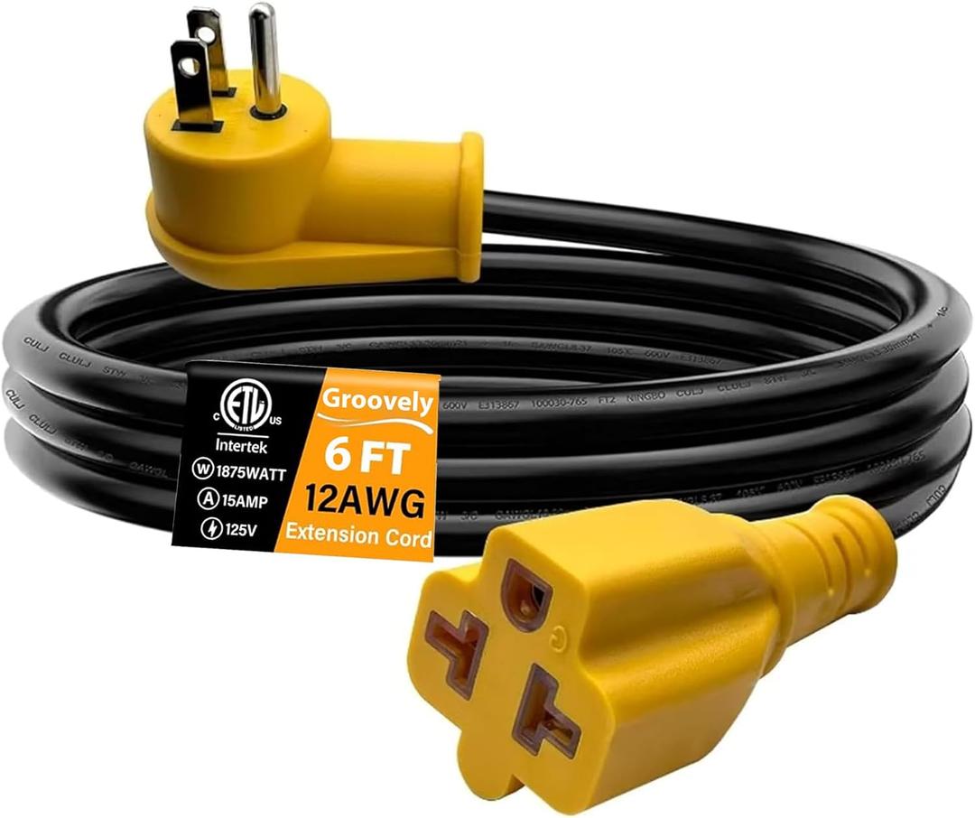 6Ft Heavy-Duty 15-A Right-Angle Extension Cord,12AWG 90-Degree 15-Amp Household Plug to 20-Amp T-Type Extension Cable,5-15P to 5-20R,5-15P to 6-15R/20R,125V AC Power Extension Cord