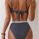 RoseSeek Women's 2 Piece Polka Dots Bikini Sets Color Block Trap Swimsuits Tie Back Tops and High Waisted Panties, Medium, Black and White