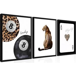 Framed Trendy Leopard Wall Art Set of 3, Funky Preppy Cheetah Wall Decor Paintings, Fashion Lucky 8 Posters Prints Pictures for Living Room Bedroom Dorm 12x16 Inch Black Wood Frame