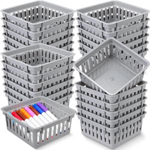 Tatuo 24 Pcs Classroom Small Plastic Baskets Bulk Storage Baskets for Organizing Crayon Pencil Containers Organizer Bins for Back to School Gift Office Desk Drawer Home, 5.31 x 5.31 x 2.44 Inch(Grey)
