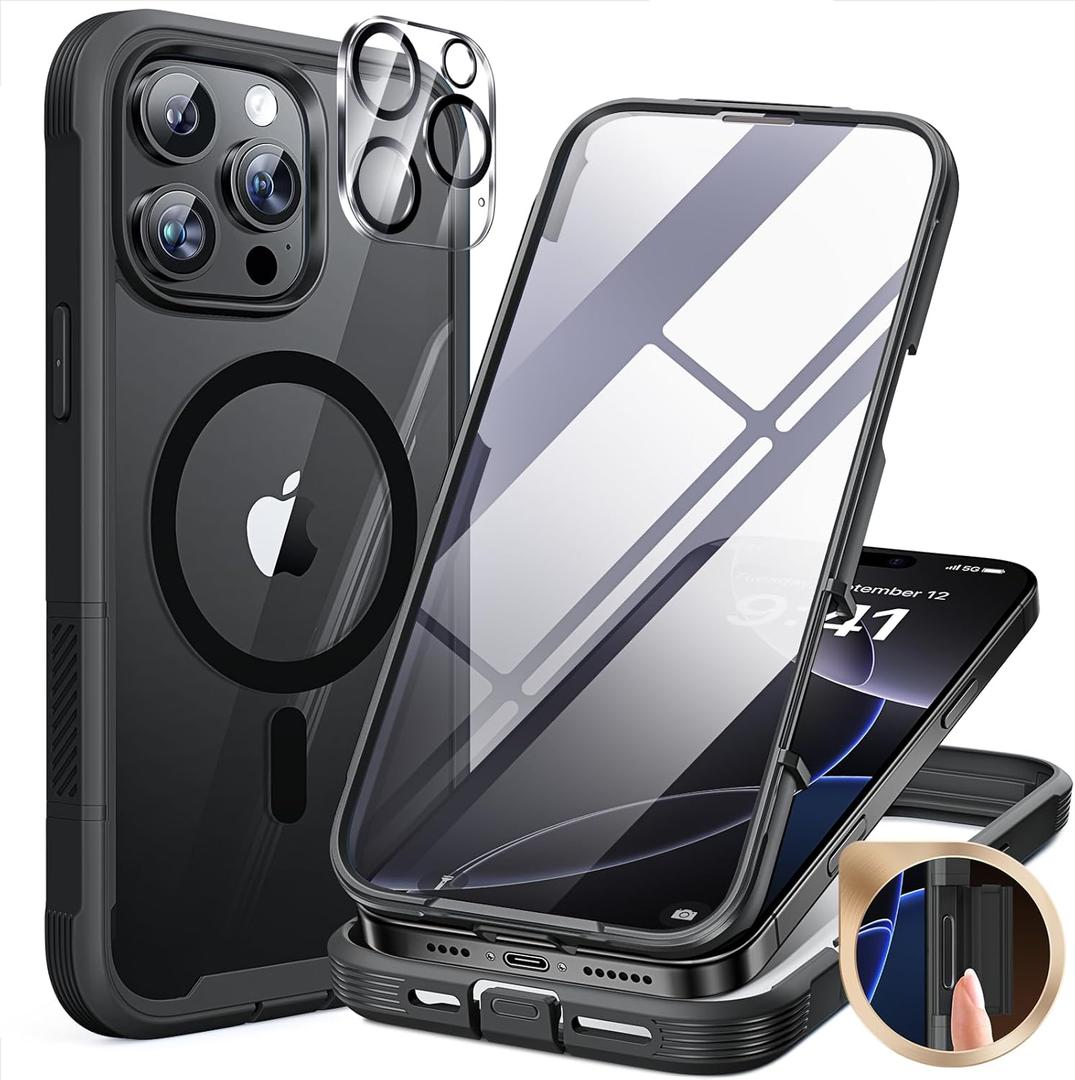 Miracase Magnetic for iPhone 16 Pro Max Case 6.9'' [Compatible with MagSafe] Full-Body Phone case with Built-in Glass Screen Protector& Camera Protector,Drop Proof 16 Pro Max Cover,Black