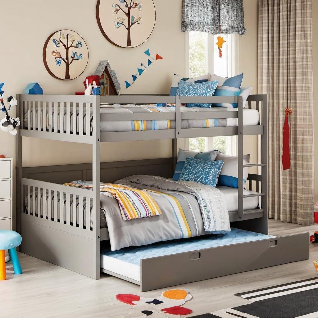PVWIIK Twin Over Twin Rubber Wood Bunk Bed with Trundle for Kids,Boy,Girl Bedroom, Convertible into Twin Size Beds, Twin Size Bunk Bed with Ladder and Safety Guardrails,Grey