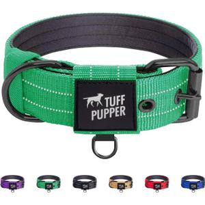 Tuff Pupper Heavy Duty Tactical Dog Collar | 1.5" Wide Ballistic Nylon | Reflective Stitching | Integrated ID Tag Holder | Stainless Steel Buckle | Padded Lining | Medium & Large Dogs (Green, Large)