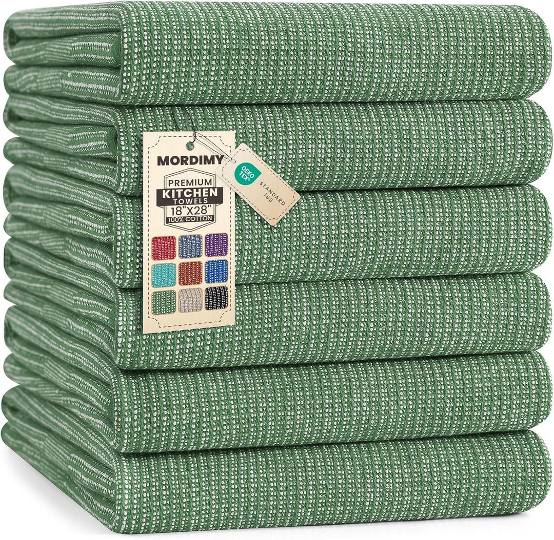 Mordimy Premium Kitchen Towels 6 Pack (18 x 28 Inches, Grass Green), Large Cotton Kitchen Hand Towel, Flat & Terry Dish Towels for Drying Dishes, Super Absorbent Tea Dishtowels Set with Hanging Loop