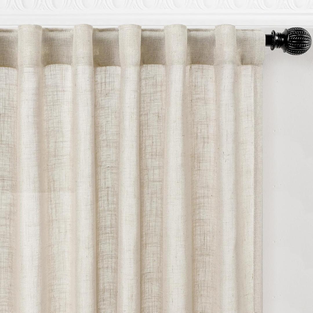 decorUhome Linen Semi Sheer Curtains 102 Inch Long, 2 Panels Light Filtering Curtains Drapes with Rod Pocket and Back Tab for Living Room Bedroom Farmhouse Decor, Beige, W52 x L102