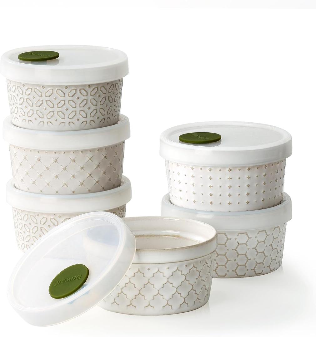 DOWAN Ramekins Oven Safe with Lids 4 oz, Charcuterie Boards Bowls Set for Creme Brulee, Souffle, Dipping Sauces, Custard Cups Ceramic Food Storage Containers, Set of 6, Beige 