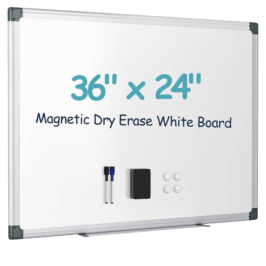 36"x24" White Board for Wall, Aluminum Frame Dry Erase Board, Hanging Magnetic Whiteboard with 1 Eraser & 2 Markers & 4 Magnets for Home, School, Office, Dorm Room, Classroom