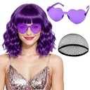 PLULON Dark Purple Wavy Bob Wigs with Bangs Heart Sunglasses Hair Cap for Women, Colored Synthetic Hair Short Curly Bob Loose Curly Shoulder Length Wigs for Cosplay Costume Bachelorette Party