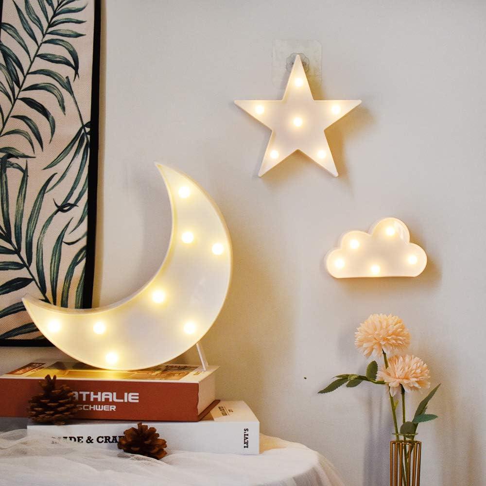 GUOCHENG Lovely White Moon Star Cloud Light Set Battery Operated LED Marquee Light Sign Warm White Bedside Lamps for Kids Children Bedroom Nursery, Baby Standing Night Light
