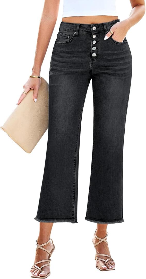 GRAPENT Capri Jeans for Women Trendy High Waisted Wide Leg Flare Button Fly Stretchy Denim Pants Raw Hem Cropped Jeans (Small, Washed Black)