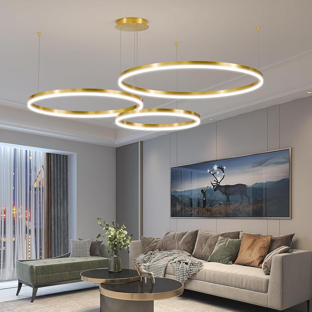 Gold LED Modern Chandelier, 3-Ring Pendant Light Fixture, Dimmable 3000K-6500K, Adjustable Hanging Ceiling Light Over Table for Dining Room, Kitchen Island, Living Room, Bedroom, Entryway