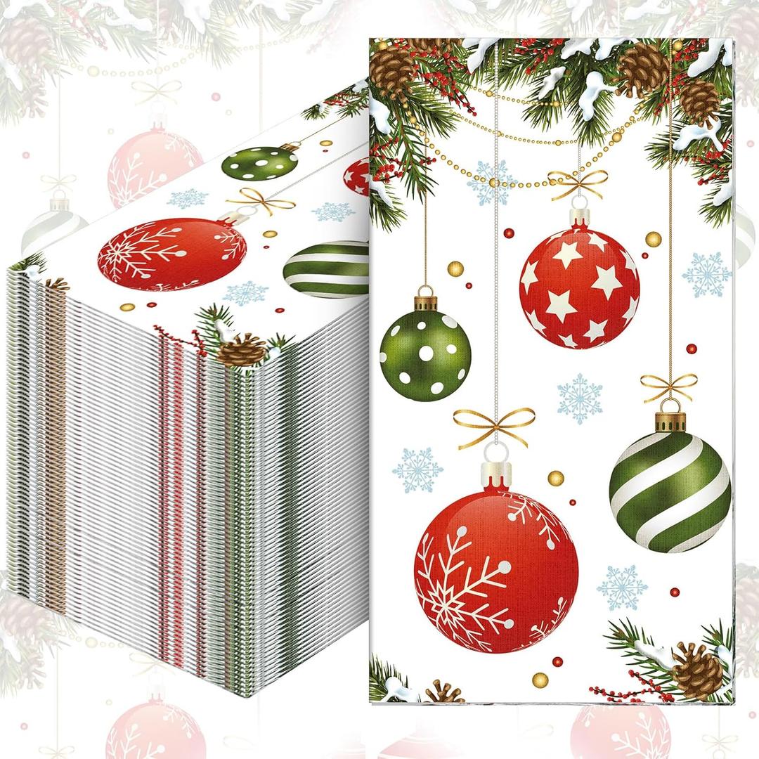 Kisston 200 Pcs Christmas Napkins Disposable Paper Christmas Ornament Pine Cone Design Napkins Guest Cocktail Beverage Dinner Hand Napkins Towel for Kitchen Holiday Xmas Decorative (4.3 x 7.9 Inch)