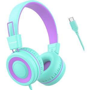 USB Type C Kids Headphones for School, Wired Toddler Headphones, 94dB Volume Limited, HD Stereo Sound, Foldable Lightweight On-Ear Wired Headphones for Kids/Children/Teens/Boys (Purple Green)