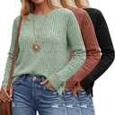 Huukeay 3 Pack Women's Long Sleeve Shirts Lightweight Tunic Sweaters with Side Split Crew Neck Casual Tops 2026 Trendy (Large, Black, Caramel, Green)
