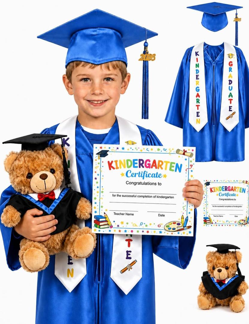 PJT Kindergarten Graduation Cap and Gown Set 2026, Preschool Graduation Outfit for Kids with Stole, Tassel, Bear,Certificate
