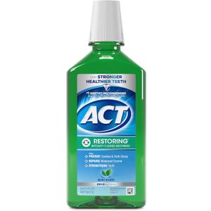 ACT Restoring Zero Alcohol Fluoride Mouthwash 33.8 fl. oz. Strengthens Tooth Enamel, Mint Burst