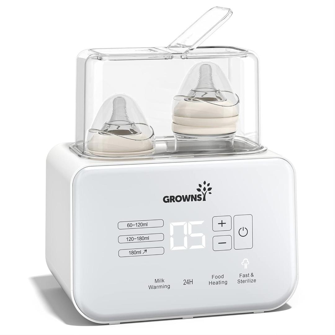 Baby Bottle Warmer, Grownsy 8-in-1 Fast Milk Warmer with Timer Breastmilk or Formula, Fits 2 Bottles, Accurate Temperature Control, with Defrost, Sterili-zing, Keep, Heat Baby Food Jars Function (White)