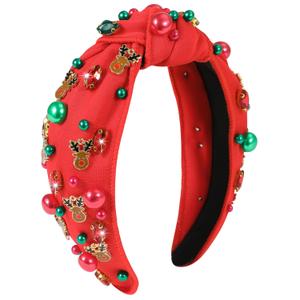 Christmas Reindeer Antler Headbands for Women Girls Red Green Pearl Xmas Knotted Headband Glitter Rhinestone Bejeweled Holiday Headpiece Christmas Party Accessories Gifts