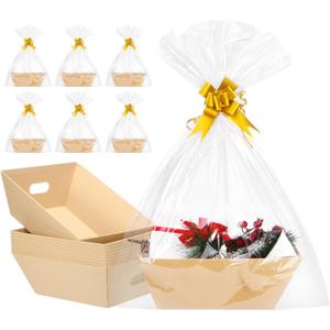 AFOROEOA 10PACK Baskets For Gifts Empty, 10x12Thick Kraft Gift Basket with 10 Bows 10 Bags Empty Gift Baskets for Christmas, Valentines Day, Easter, Birthdays, Snacks, Farmers Market