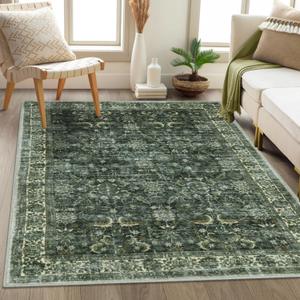 Anidaroel Area Rug 4x6 Washable Living Room Rugs, Soft Boho Rug for Bedroom, Non Slip Stain Resistant Indoor Throw Carpet, Distressed Entryway Kitchen Rugs for Apartment Dining Room, Dark Green