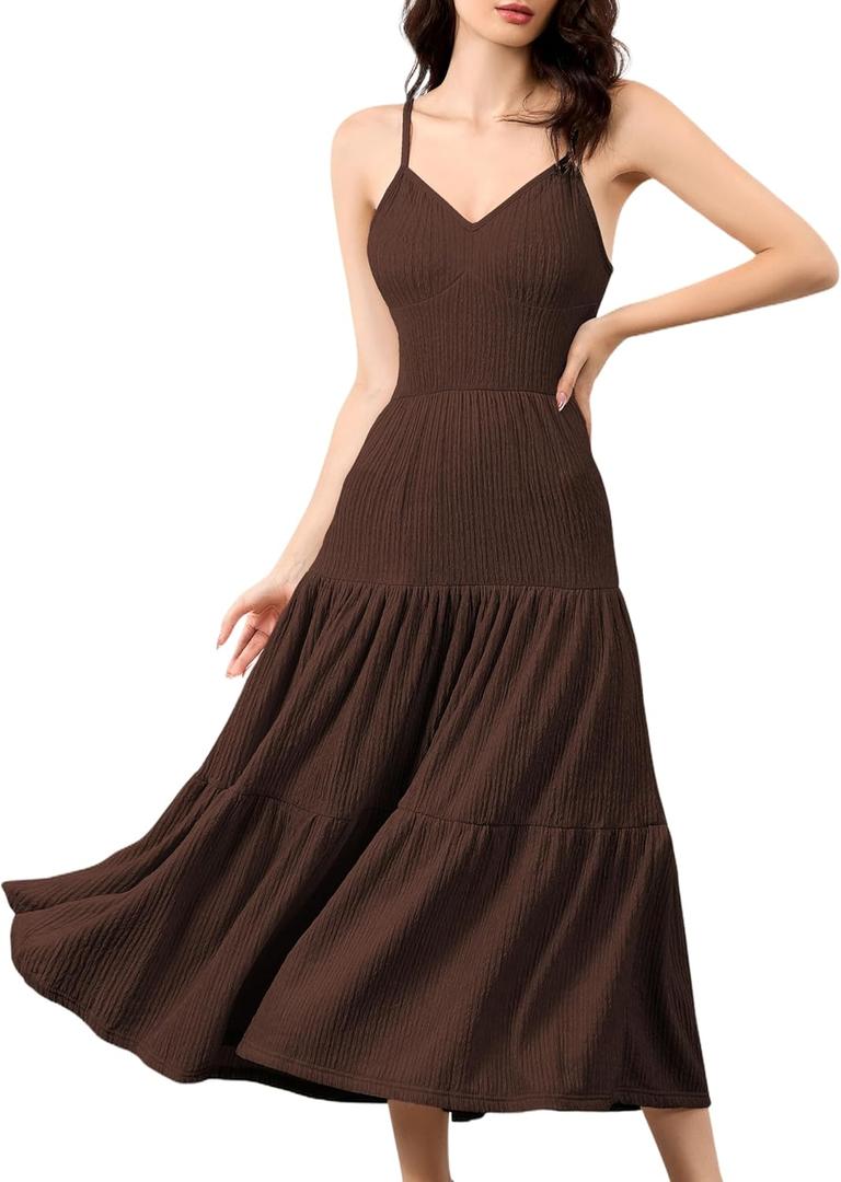 Women's Spaghetti Strap V Neck Dress Tiered Pleated Casual Beach Sundress (M)